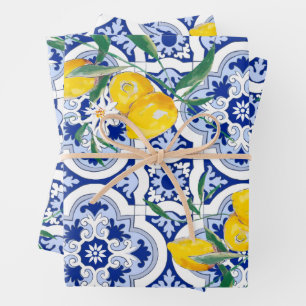 Feuille De Papier Cadeau Tuiles portugaises, citrons, fruits, art d'été    