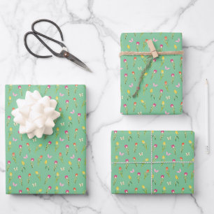 Feuille De Papier Cadeau Tulipes et papillons Motif vert