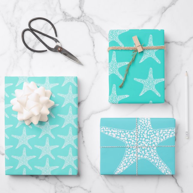 Feuille De Papier Cadeau Turqoise Starfish Beach Été Motif nautique (Recto)