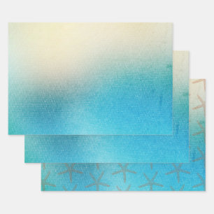 Feuille De Papier Cadeau Turquoise Blanc Aqua Bleu Étoile de Mer Plage Mari