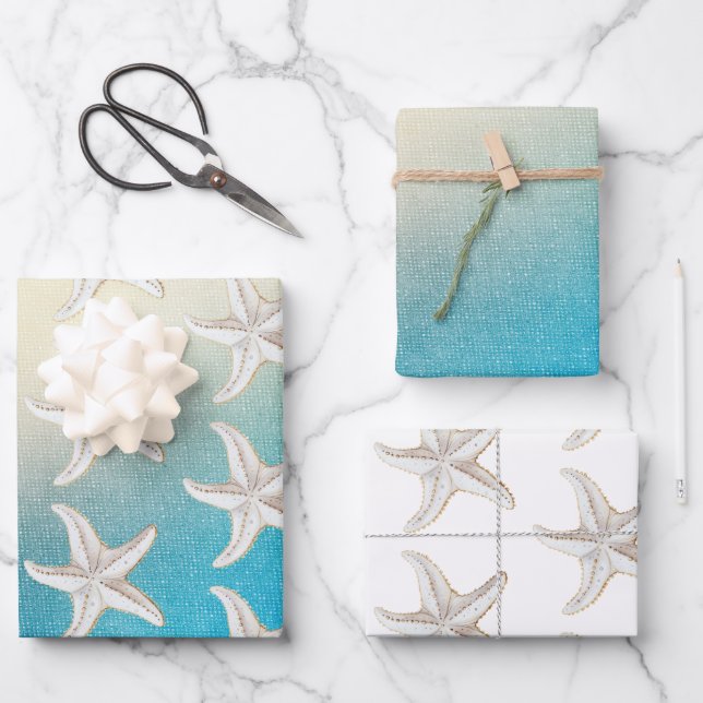 Feuille De Papier Cadeau Turquoise Blanc Aqua Bleu Plage Étoile de Mer Blan (Recto)