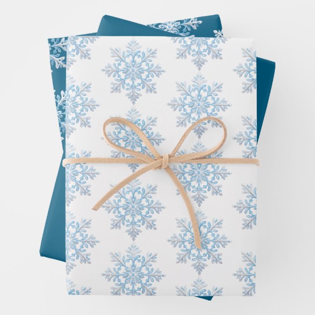 Feuille De Papier Cadeau Turquoise Bleu Blanc Noël Flocon de neige (En situation)