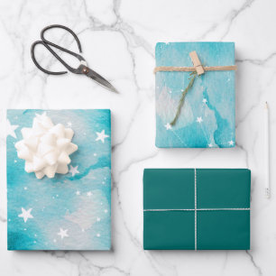 Feuille De Papier Cadeau Turquoise Bleu Céleste Étoiles