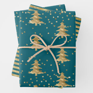 Feuille De Papier Cadeau Turquoise Bleu Or Arbre de Noël Stripes Étincelle