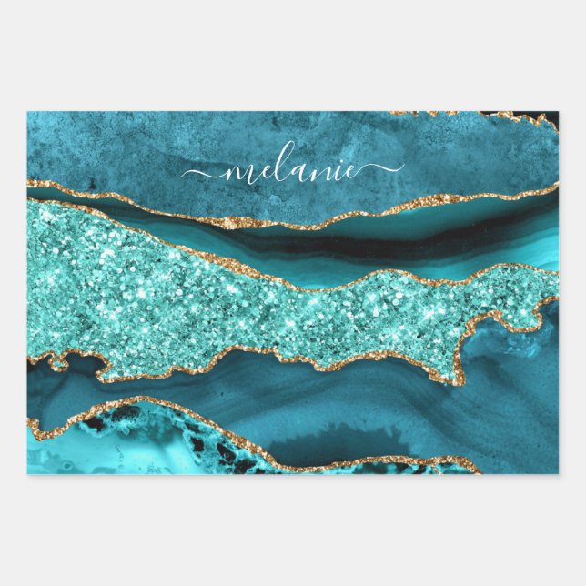 Feuille De Papier Cadeau Turquoise Blue Gold Parties scintillant Turquoise  (Devant 2)
