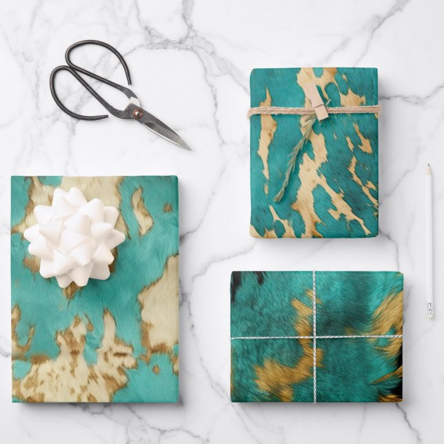 Feuille De Papier Cadeau Turquoise Brown Cream Animal Cowhide Western (Recto)