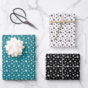 FEUILLE DE PAPIER CADEAU TURQUOISE CHIEN NOIR CHIEN EMPREINTES DE PATTES DE