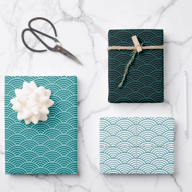 Feuille De Papier Cadeau Turquoise moderne noir blanc géométrique Wave japo (Recto)