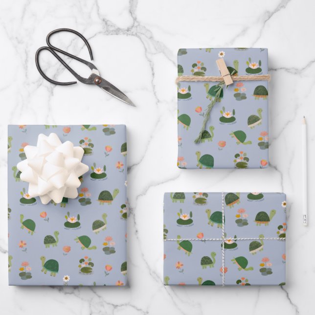 Feuille De Papier Cadeau Turtles & Lily Pads on Light Blue (Recto)