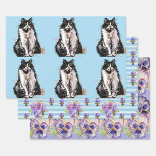Feuille De Papier Cadeau Tuxedo Chat Chats Fleur bleue Aquarelle Peinture