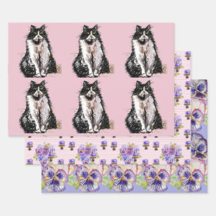 Feuille De Papier Cadeau Tuxedo Chat Chats Fleur rose Aquarelle Peinture