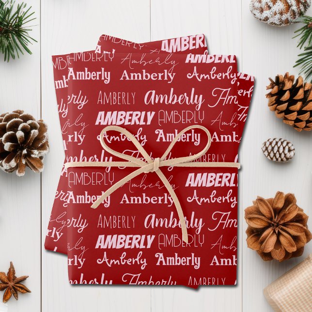Feuille De Papier Cadeau Typographie rouge personnalisée Nom Collage Noël (Créateur téléchargé)