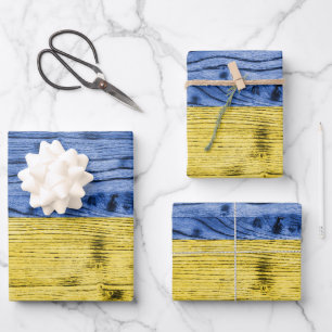 Feuille De Papier Cadeau Ukraine drapeau bleu jaune motif de texture de boi