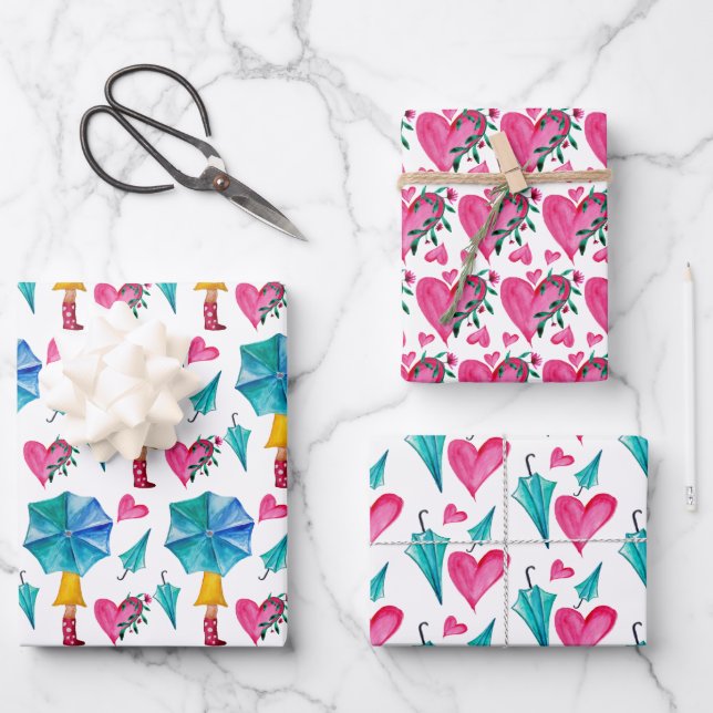 Feuille De Papier Cadeau Umbrella Girl Aquarelle Coeurs Fleurs Motif (Recto)