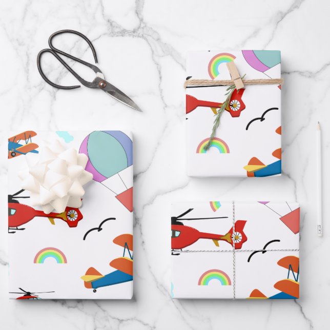 Feuille De Papier Cadeau Un garçon Motif volant en blanc (Recto)