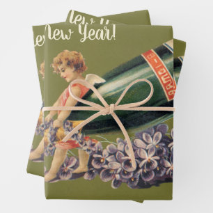 Feuille De Papier Cadeau Une Bonne Année, Anges Vintage avec Champagne