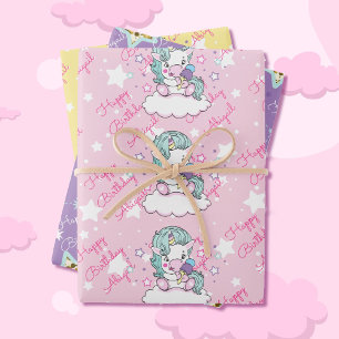 Feuille De Papier Cadeau Unicorn Joyeux Anniversaire Nom Pink Yellow Lavend