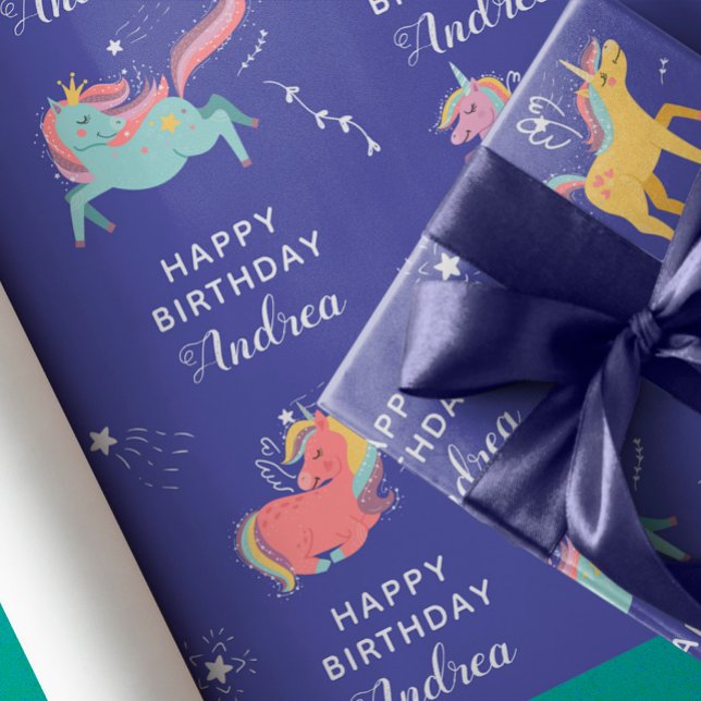 Feuille De Papier Cadeau Unicorn Nom personnalisé Filles Anniversaire (Créateur téléchargé)