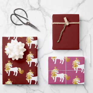 Feuille De Papier Cadeau Unicorne blanche rose rouge or
