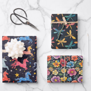 Feuille De Papier Cadeau Unicorne, libellule, Jeu cadeau coloré à fleur mig