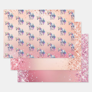 Feuille De Papier Cadeau Unicorne rose or rose