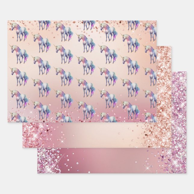 Feuille De Papier Cadeau Unicorne rose or rose (Lot)