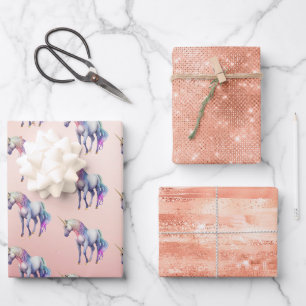 Feuille De Papier Cadeau Unicorne rose or rose