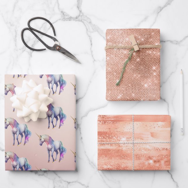 Feuille De Papier Cadeau Unicorne rose or rose (Recto)