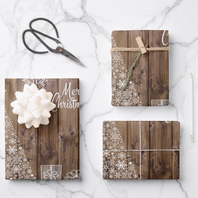 Feuille De Papier Cadeau Unique Rustique Joyeux Noël Snowflake (Recto)