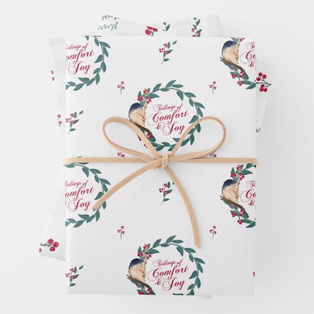 Feuille De Papier Cadeau Vacances Aquarelle Bleu Oiseau Rouge Baies & Verts (En situation)