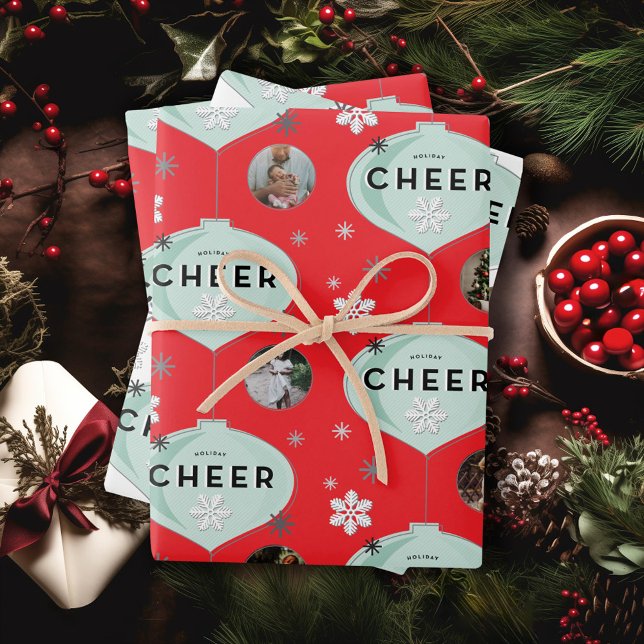 Feuille De Papier Cadeau Vacances Cheer Retro Ornements de Noël Photo (Créateur téléchargé)