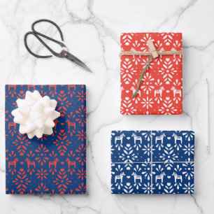 Feuille De Papier Cadeau Vacances Cheval Scandinave Rouge et Bleu