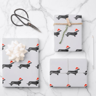Feuille De Papier Cadeau Vacances de Noël de Santa dachsund aquarelle noir