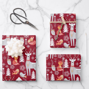Feuille De Papier Cadeau Vacances de Noël des animaux des bois scandinaves