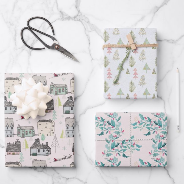 Feuille De Papier Cadeau Vacances de Noël Hygge Nordic Holly Berries (Recto)