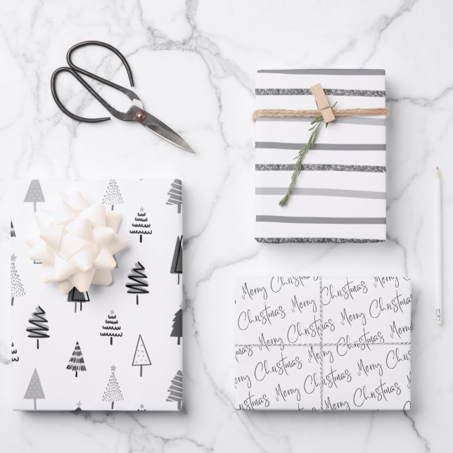 Feuille De Papier Cadeau Vacances de Noël noir et blanc (Recto)