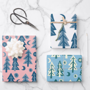 Feuille De Papier Cadeau Vacances d'hiver Bleus Arbres Motif Variété Cadeau