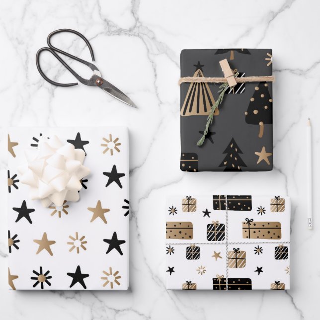 Feuille De Papier Cadeau vacances en or noir moderne (Recto)