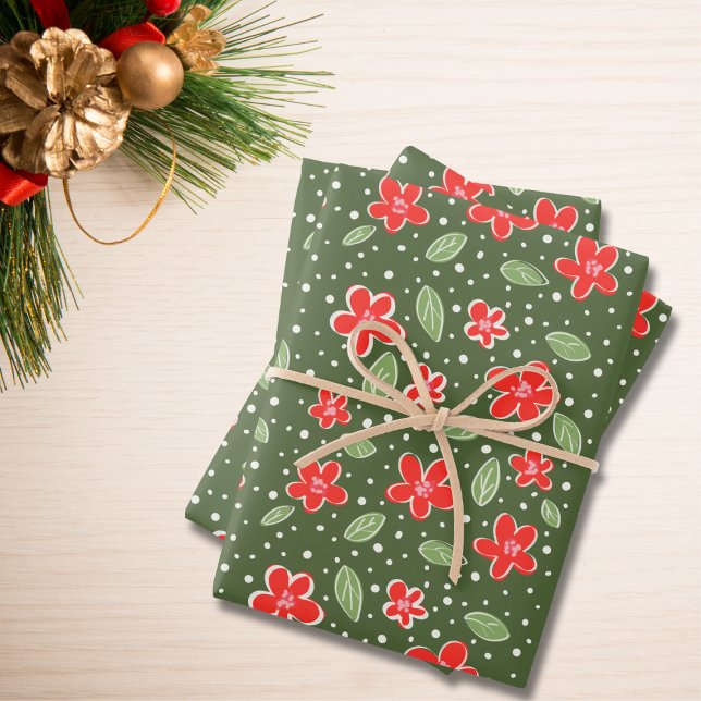 Feuille De Papier Cadeau Vacances florales rouges et vertes modernes (Créateur téléchargé)