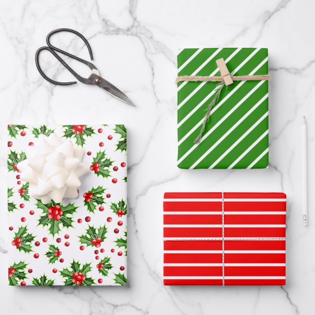 Feuille De Papier Cadeau Vacances Green Holly Red Berries Stripes Motif (Recto)