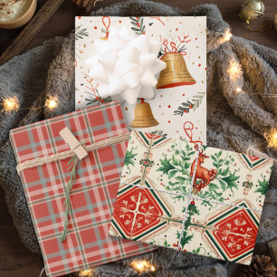 Feuille De Papier Cadeau Vacances vintage Plaid Et Cloches De Noël
