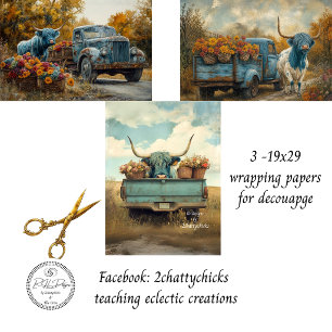 Feuille De Papier Cadeau Vache des Highlands Camion Vintage Fleurs 3-19x29