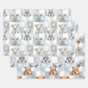 Feuille De Papier Cadeau Vache Highland à carreaux bleus Flocon de neige fr