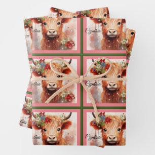 Feuille De Papier Cadeau Vache mignonne Noël bébé Ajouter un nom rose