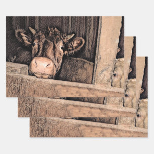 Feuille De Papier Cadeau Vache Russe Croquis Vintage Art Country Barn Farm