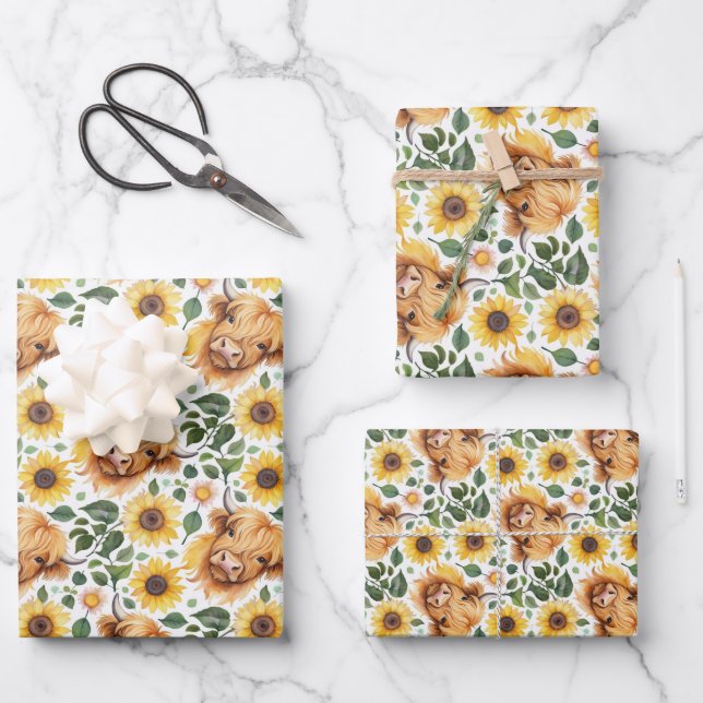 Feuille De Papier Cadeau Vaches Highland et fleurs de tournesol jaune (Recto)