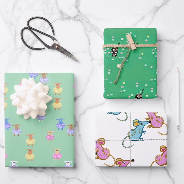 Feuille De Papier Cadeau vaches moutons agneaux souris enfants (Recto)