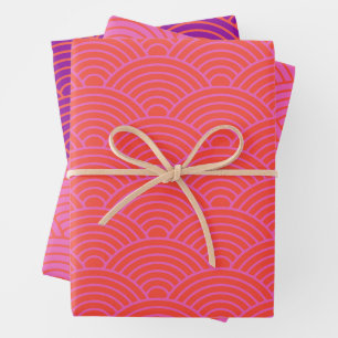 Feuille De Papier Cadeau Vague japonaise Seigaiha Orange, rose et violet