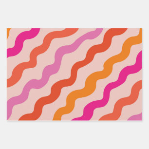 Feuille De Papier Cadeau Vagues Abstraites rayées rétro rose rouge orange