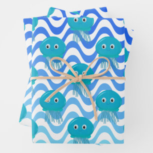 Feuille De Papier Cadeau Vagues Bleues Déclinantes Et Motif De Méduse